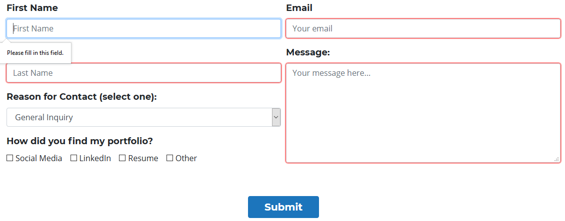 Form error prevention using required tags