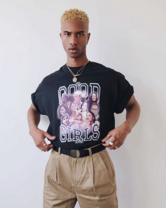 tggc shirt worn by model